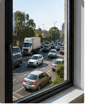Double glazed acoustic window overlooking a busy Brisbane street
